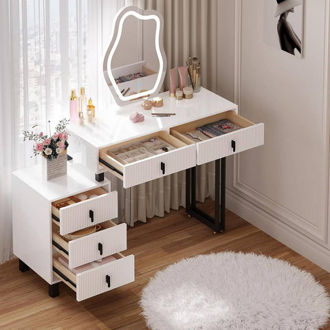 Rootz Damming Table with Lighting - Vanity Desk - Dressing Table - Ample Storage - 90 x 130 x 38 cm - MDF & Solid Wood - White
