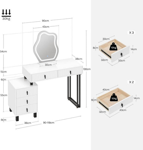 Rootz Damming Table with Lighting - Vanity Desk - Dressing Table - Ample Storage - 90 x 130 x 38 cm - MDF & Solid Wood - White