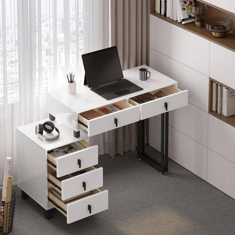 Rootz Damming Table with Lighting - Vanity Desk - Dressing Table - Ample Storage - 90 x 130 x 38 cm - MDF & Solid Wood - White