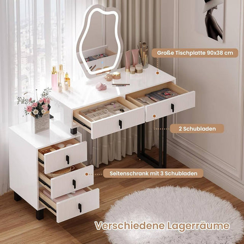 Rootz Damming Table with Lighting - Vanity Desk - Dressing Table - Ample Storage - 90 x 130 x 38 cm - MDF & Solid Wood - White
