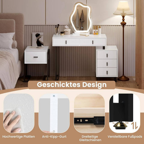 Rootz Damming Table with Lighting - Vanity Desk - Dressing Table - Ample Storage - 90 x 130 x 38 cm - MDF & Solid Wood - White