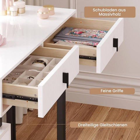 Rootz Damming Table with Lighting - Vanity Desk - Dressing Table - Ample Storage - 90 x 130 x 38 cm - MDF & Solid Wood - White
