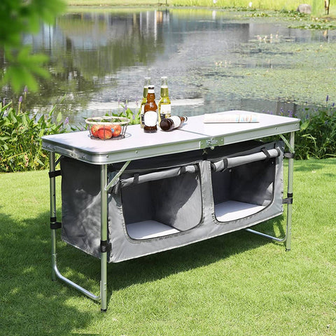Rootz Adjustable Camping Table - Portable Folding Table - Outdoor Dining Table - Height Adjustable, Integrated Storage, Easy Maintenance - 47cm x (62cm - 69.5cm) x 120cm