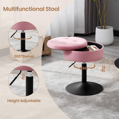 Rootz Adjustable Velvet Bar Stool - Counter Stool - Swivel Chair - Durable Metal Frame - Multifunctional with Storage - Modern Design - 39.5cm Seat Dia, 49.5-65cm Height, 38.5cm Base Dia