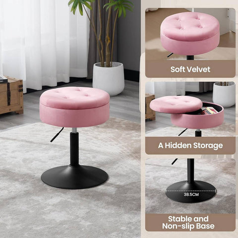 Rootz Adjustable Velvet Bar Stool - Counter Stool - Swivel Chair - Durable Metal Frame - Multifunctional with Storage - Modern Design - 39.5cm Seat Dia, 49.5-65cm Height, 38.5cm Base Dia