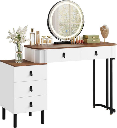 Rootz Makeup Vanity Table Set - Dressing Table - Beauty Desk - Ample Storage - 100cm x 126cm x 40cm - White-Brown Wood Look