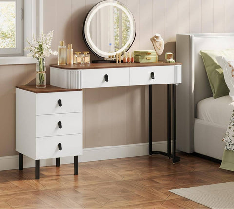 Rootz Makeup Vanity Table Set - Dressing Table - Beauty Desk - Ample Storage - 100cm x 126cm x 40cm - White-Brown Wood Look