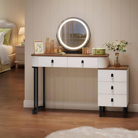 Rootz Makeup Vanity Table Set - Dressing Table - Beauty Desk - Ample Storage - 100cm x 126cm x 40cm - White-Brown Wood Look