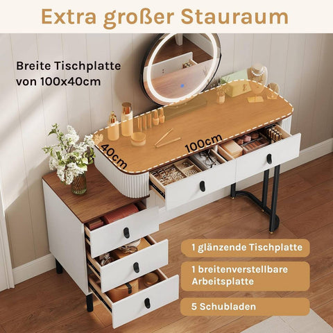 Rootz Makeup Vanity Table Set - Dressing Table - Beauty Desk - Ample Storage - 100cm x 126cm x 40cm - White-Brown Wood Look