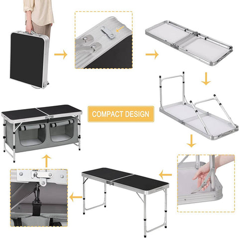 Rootz Adjustable Camping Table - Outdoor Table - Portable Desk - Durable Aluminum Alloy - Weather-Resistant - Compact Design - Integrated Storage - 47cm x (62-69.5)cm x 120cm