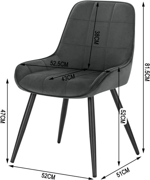 Rootz Set of 4 Dining Chairs - Velvet Accent Chairs - Upholstered Chairs - Ergonomic Design, Durable & Floor Protection - 81.5cm x 38cm x 43cm