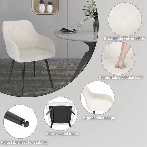Rootz Set of 4 Dining Chairs - Kitchen Chairs - Velvet Chairs - Ergonomic Support - Luxurious Comfort - Sturdy and Stable - Cream White - Velvet + Metal - Seat: 44cm x 42.5cm, Seat Height: 46.5cm, Backrest: 39cm, Armrest: 62cm