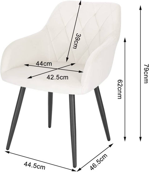 Rootz Set of 4 Dining Chairs - Kitchen Chairs - Velvet Chairs - Ergonomic Support - Luxurious Comfort - Sturdy and Stable - Cream White - Velvet + Metal - Seat: 44cm x 42.5cm, Seat Height: 46.5cm, Backrest: 39cm, Armrest: 62cm