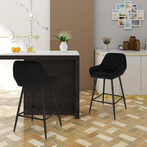 Rootz Bar Stool - Counter Stool - High Stool - Comfortable Seating - Stable Design - Easy Assembly - Velvet & Metal - 32.5cm x 37cm, Seat Height 64cm