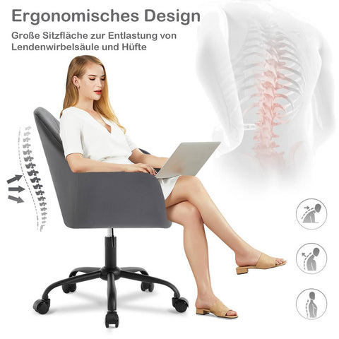 Rootz Ergonomic Office Chair - Desk Chair - Velvet Seat - Optimal Support - 58cm x (79.5-87cm) x 58.5cm - Grey