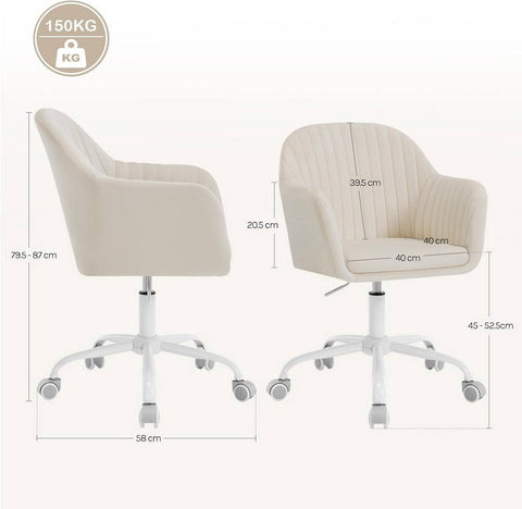 Rootz Ergonomic Office Chair - Computer Chair - Swivel Chair - Velvet Comfort, Metal Frame, White, 58cm x 58.5cm x (79.5-87)cm