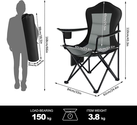 Rootz Ultralight Folding Chair - Portable Chair - Travel Chair - Durable 600D Oxford Fabric - Easy Transport - Enhanced Comfort - Cup Holder - 84cm x 110cm x 62cm