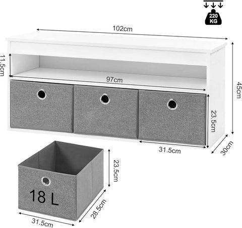Rootz Shoe Storage Bench - Entryway Bench - Hallway Organizer - Fabric Drawers - Chipboard & MDF - 102cm x 45cm x 30cm
