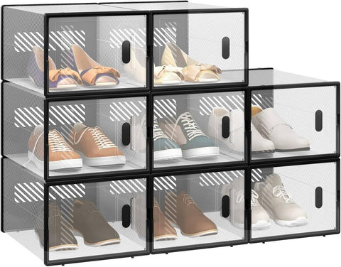 Rootz Shoe Storage Box Set - Stackable Shoe Organizer - Plastic Shoe Boxes - Transparent Design - 35cm x 19cm x 25cm - 8 Pack