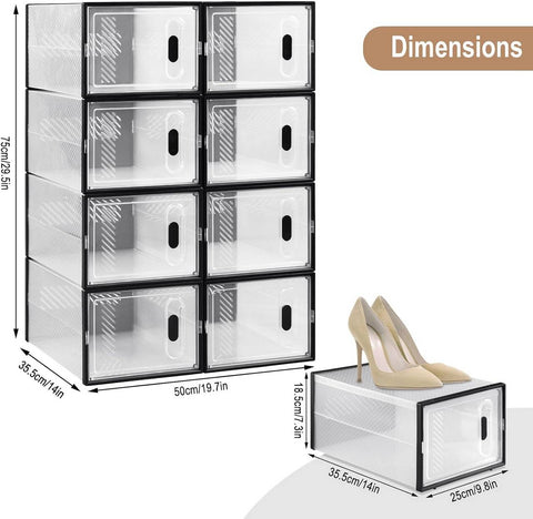 Rootz Shoe Storage Box Set - Stackable Shoe Organizer - Plastic Shoe Boxes - Transparent Design - 35cm x 19cm x 25cm - 8 Pack