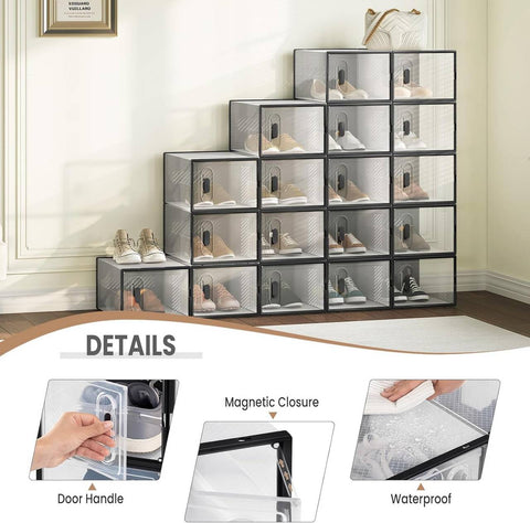 Rootz Shoe Storage Box Set - Stackable Shoe Organizer - Plastic Shoe Boxes - Transparent Design - 35cm x 19cm x 25cm - 8 Pack