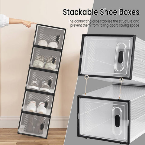 Rootz Shoe Storage Box Set - Stackable Shoe Organizer - Plastic Shoe Boxes - Transparent Design - 35cm x 19cm x 25cm - 8 Pack