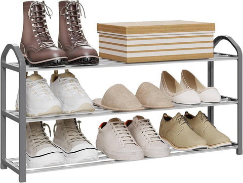 Rootz Shoe Rack 3-Tier Stand - Shoe Organizer - Storage Shelf - Space-Saving, Holds 12 Pairs, Easy Assembly, 79x19.5x45cm, Grey