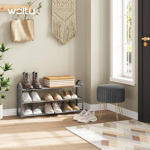 Rootz Shoe Rack 3-Tier Stand - Shoe Organizer - Storage Shelf - Space-Saving, Holds 12 Pairs, Easy Assembly, 79x19.5x45cm, Grey