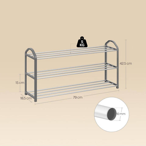 Rootz Shoe Rack 3-Tier Stand - Shoe Organizer - Storage Shelf - Space-Saving, Holds 12 Pairs, Easy Assembly, 79x19.5x45cm, Grey