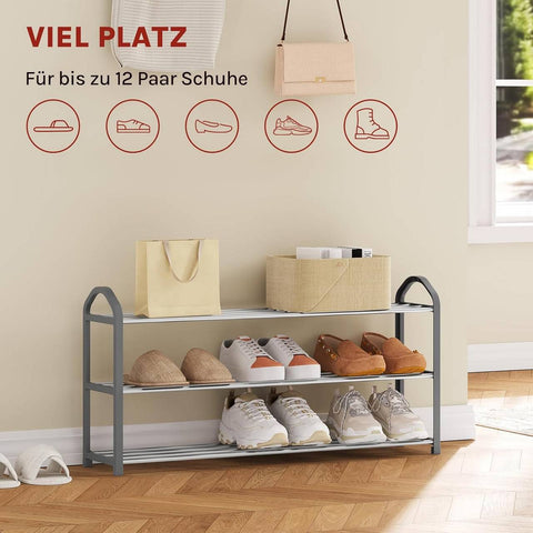 Rootz Shoe Rack 3-Tier Stand - Shoe Organizer - Storage Shelf - Space-Saving, Holds 12 Pairs, Easy Assembly, 79x19.5x45cm, Grey