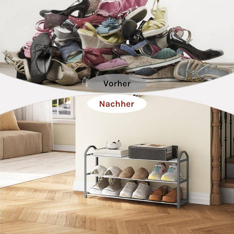 Rootz Shoe Rack 3-Tier Stand - Shoe Organizer - Storage Shelf - Space-Saving, Holds 12 Pairs, Easy Assembly, 79x19.5x45cm, Grey