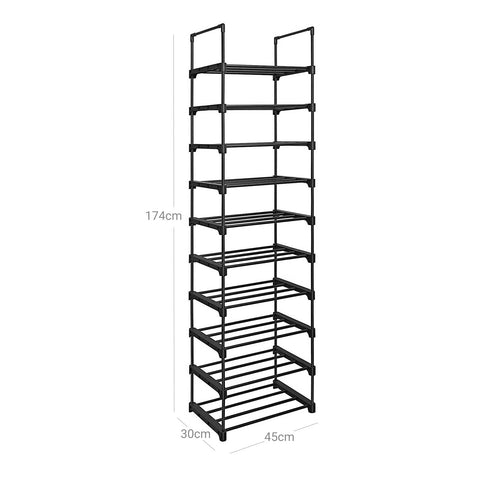 Rootz 10 Shelf Shoe Rack - Shoe Organizer - Shoe Storage - Space-Saving Design - Reinforced Iron Pipes - DIY Assembly - 45cm x 30cm x 174cm