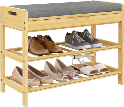 Rootz Bamboo Shoe Bench - Shoe Rack - Entryway Bench - Foam Padding - 68cm x 50cm x 30cm