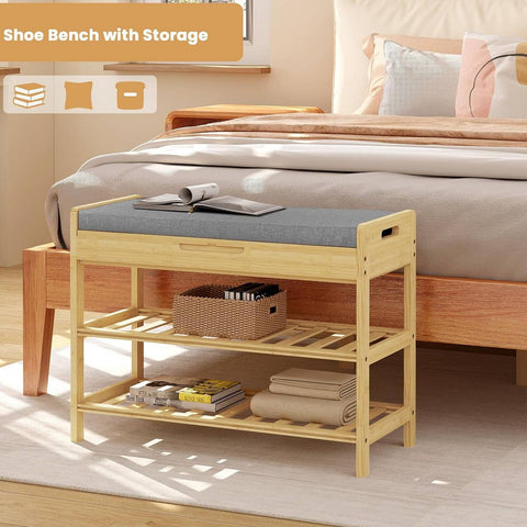 Rootz Bamboo Shoe Bench - Shoe Rack - Entryway Bench - Foam Padding - 68cm x 50cm x 30cm