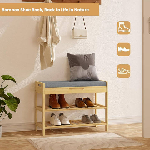 Rootz Bamboo Shoe Bench - Shoe Rack - Entryway Bench - Foam Padding - 68cm x 50cm x 30cm