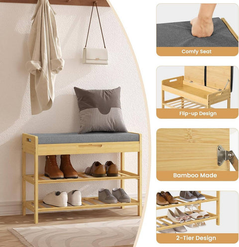 Rootz Bamboo Shoe Bench - Shoe Rack - Entryway Bench - Foam Padding - 68cm x 50cm x 30cm