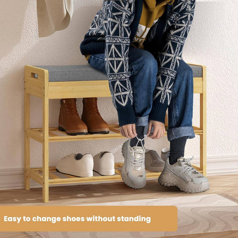 Rootz Bamboo Shoe Bench - Shoe Rack - Entryway Bench - Foam Padding - 68cm x 50cm x 30cm