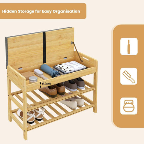 Rootz Bamboo Shoe Bench - Shoe Rack - Entryway Bench - Foam Padding - 68cm x 50cm x 30cm