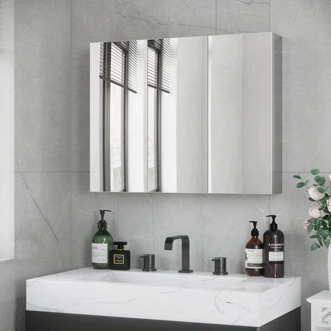 Rootz Mirror Cabinet - Bathroom Cabinet - 3 Mirror Doors - 5 Interior Shelves - Stainless Steel - Silver - 70 x 12 x 55 cm