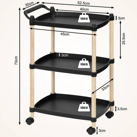 Rootz Rolling Cart Storage Shelf on Wheels - Kitchen Cart - Bathroom Cart - 3 Tier - Flexible Movement - Sturdy - 52.5cm x 73cm x 33cm