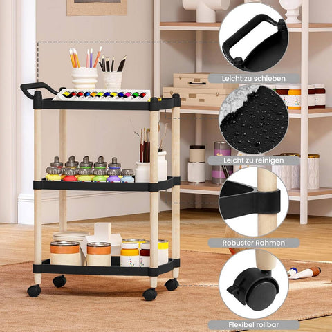 Rootz Rolling Cart Storage Shelf on Wheels - Kitchen Cart - Bathroom Cart - 3 Tier - Flexible Movement - Sturdy - 52.5cm x 73cm x 33cm