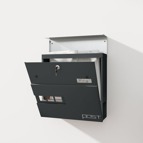 Rootz Grey Wall Mounted Mailbox - Outdoor Postbox - Lockable Mail Holder - Weather Resistant - 37cm x 10.5cm x 37cm