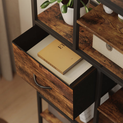 Rootz Storage Shelf - Bookcase - Freestanding Organizer - 2 Fabric Drawers, 9 Compartments, Sturdy Steel Frame, Rustic Brown+Black, 72.5x30x150 cm