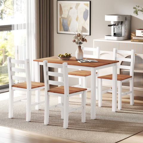 Rootz Dining Group Set - Dining Table - 4 Chairs - Space-Saving - Pine Wood - Brown+White - Table 108cm x 77cm; Chair 42cm x 46cm x 86cm