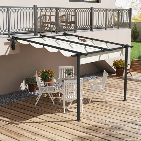 Rootz Garden Gazebo - Retractable Roof - Wall Mounted - Metal Frame - Steel - Polyester - Cream White - 297L x 297W x 200/230H cm