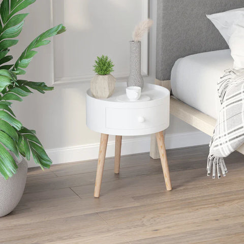 Rootz Coffee Table With Drawer -  Side Table - Round - Scandi Design - Protective Edge - Wood - White - Ø38 x H45 cm