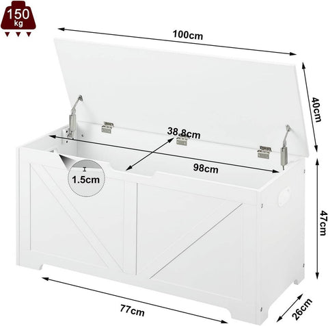 Rootz White Shoe Bench with Storage - Bed Bench - Ottoman - 76L Hidden Storage - Robust Engineered Wood - 100cm x 47cm x 40cm