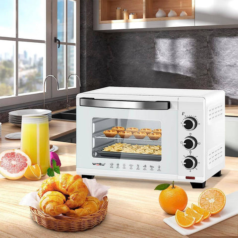 Rootz Mini Oven - Compact Kitchen Appliance - Multifunctional Cooker - Efficient Cooking Technology - User-Friendly Design - Elegant White Metal with Double Glass Door - 453mm x 298mm x 333mm