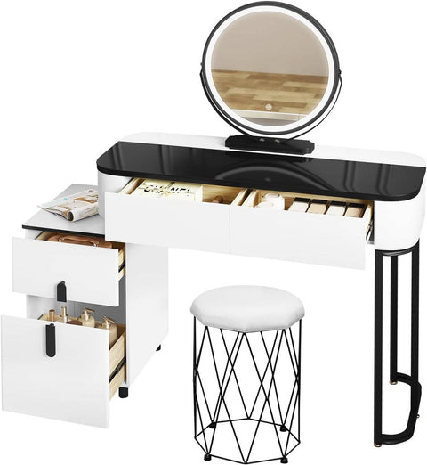 Rootz Deluxe Dressing Table Set - Vanity Table with Stool - Makeup Desk - Adjustable LED Mirror - Ample Storage - Versatile Design - 100cm x 125cm x 40cm