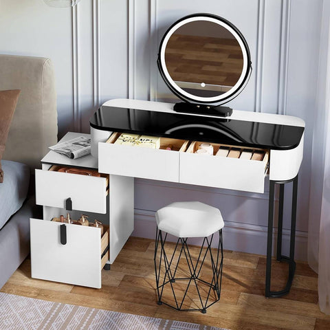 Rootz Deluxe Dressing Table Set - Vanity Table with Stool - Makeup Desk - Adjustable LED Mirror - Ample Storage - Versatile Design - 100cm x 125cm x 40cm